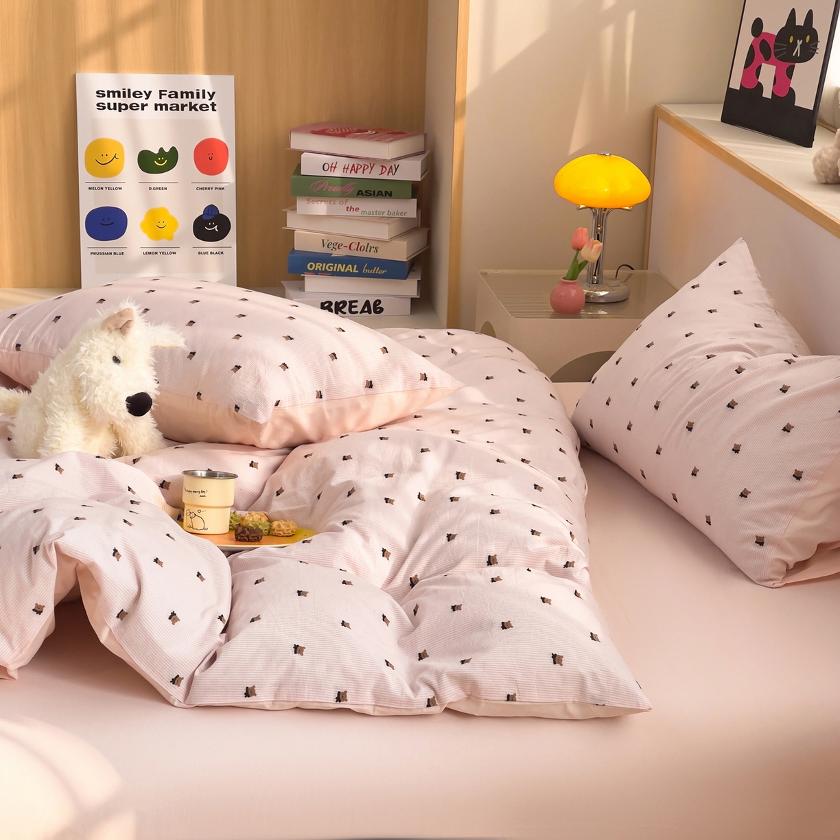 91家纺网 家纺一手货源 找家纺 炫拼家纺 2026新款A类全棉60支色织提花剪花B版40支水洗棉四件套-米熊系列 米熊-樱花粉