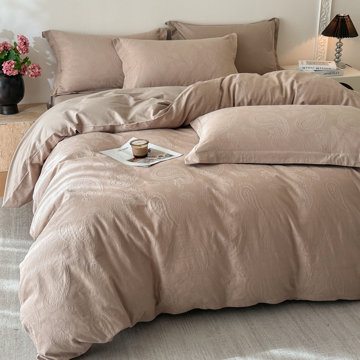 91家纺网 家纺一手货源 找家纺 格里芬家纺 2026新款全棉水洗立体浮雕提花纯棉四件套 腰果素绘-金属灰