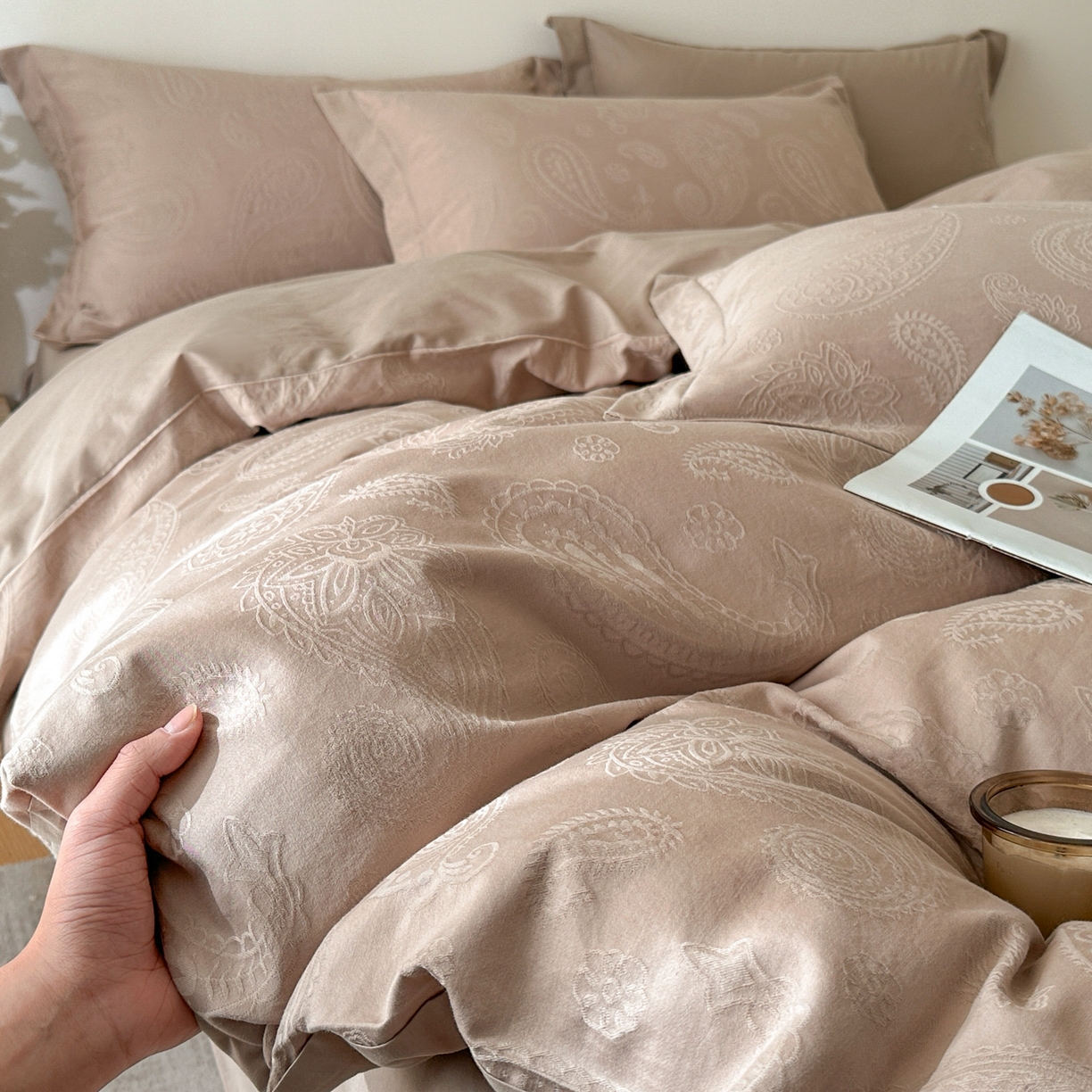 91家纺网 家纺一手货源 找家纺 格里芬家纺 2026新款全棉水洗立体浮雕提花纯棉四件套 腰果素绘-金属灰