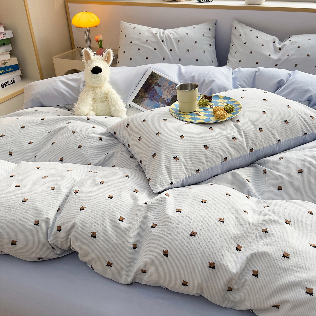 炫拼家纺 2026新款A类全棉60支色织提花剪花B版40支水洗棉四件套-米熊系列 米熊一星辰蓝