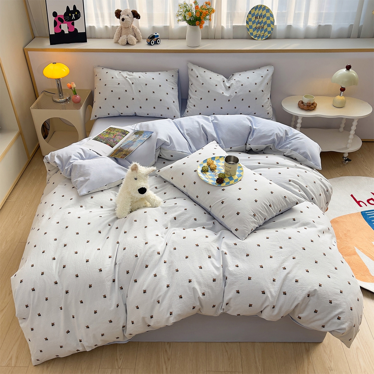 91家纺网 家纺一手货源 找家纺 炫拼家纺 2026新款A类全棉60支色织提花剪花B版40支水洗棉四件套-米熊系列 米熊一星辰蓝