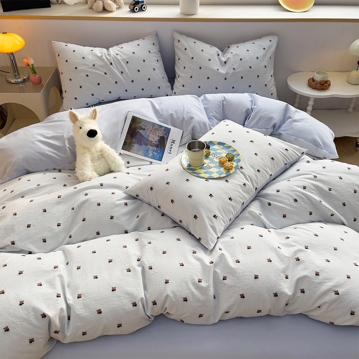 91家纺网 家纺一手货源 找家纺 炫拼家纺 2026新款A类全棉60支色织提花剪花B版40支水洗棉四件套-米熊系列 米熊一星辰蓝