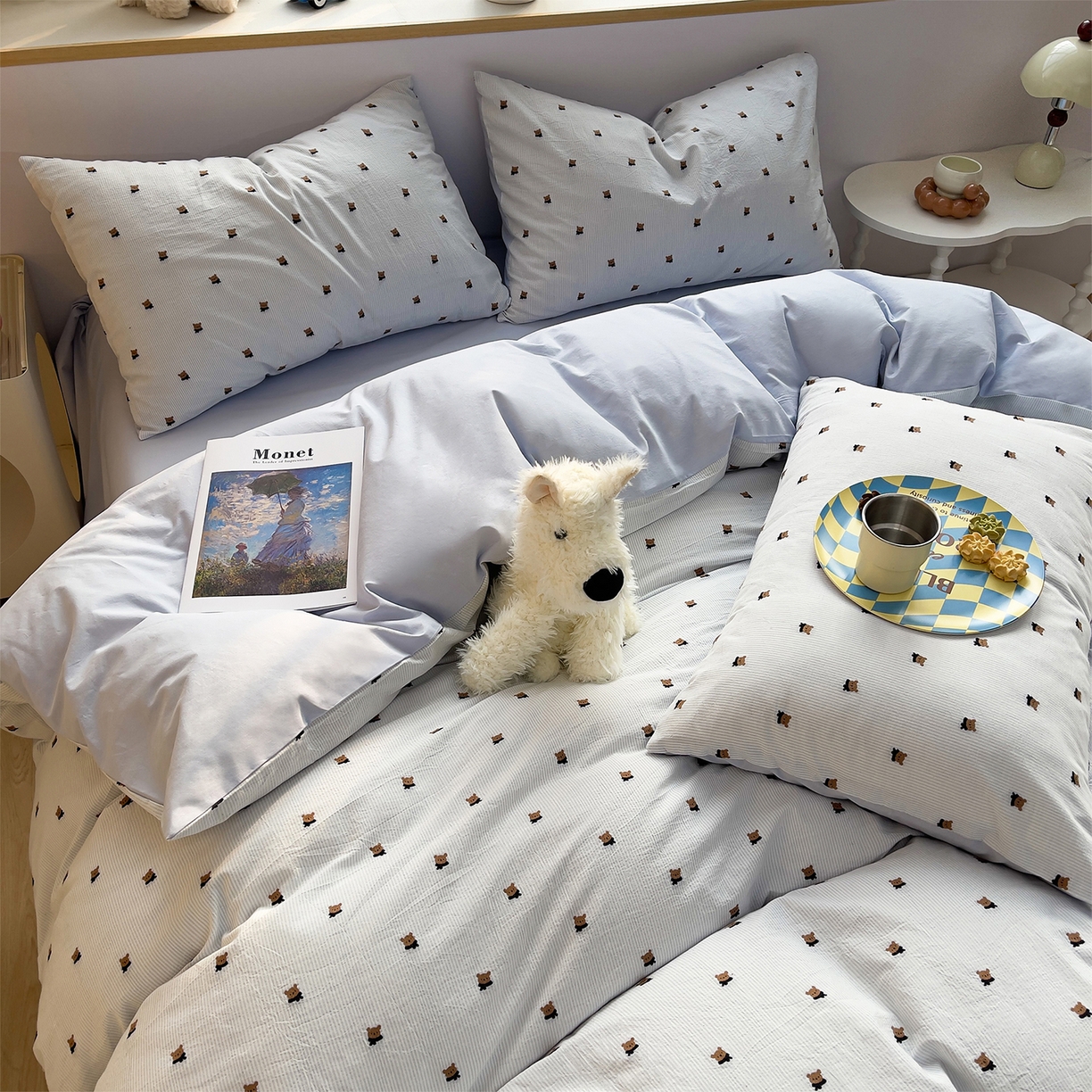 91家纺网 家纺一手货源 找家纺 炫拼家纺 2026新款A类全棉60支色织提花剪花B版40支水洗棉四件套-米熊系列 米熊一星辰蓝