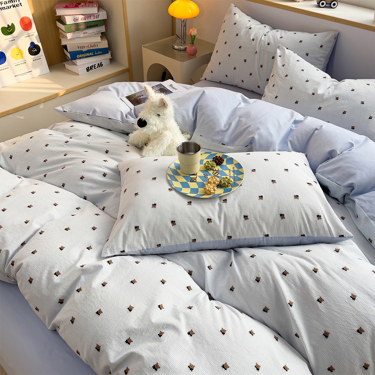 91家纺网 家纺一手货源 找家纺 炫拼家纺 2026新款A类全棉60支色织提花剪花B版40支水洗棉四件套-米熊系列 米熊一星辰蓝