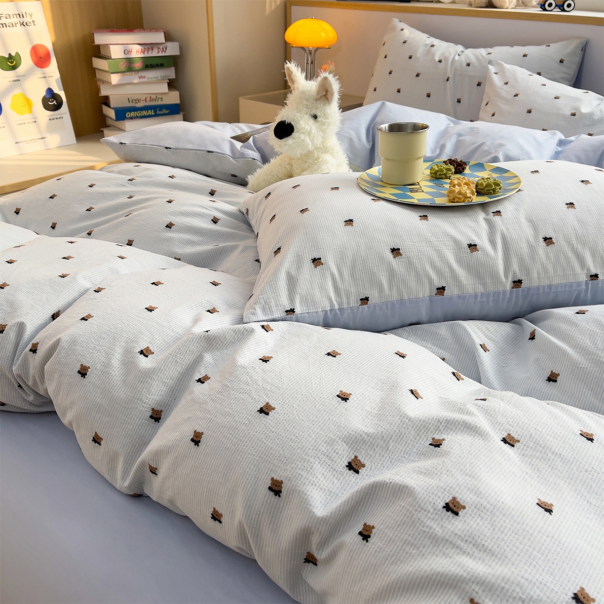 91家纺网 家纺一手货源 找家纺 炫拼家纺 2026新款A类全棉60支色织提花剪花B版40支水洗棉四件套-米熊系列 米熊一星辰蓝