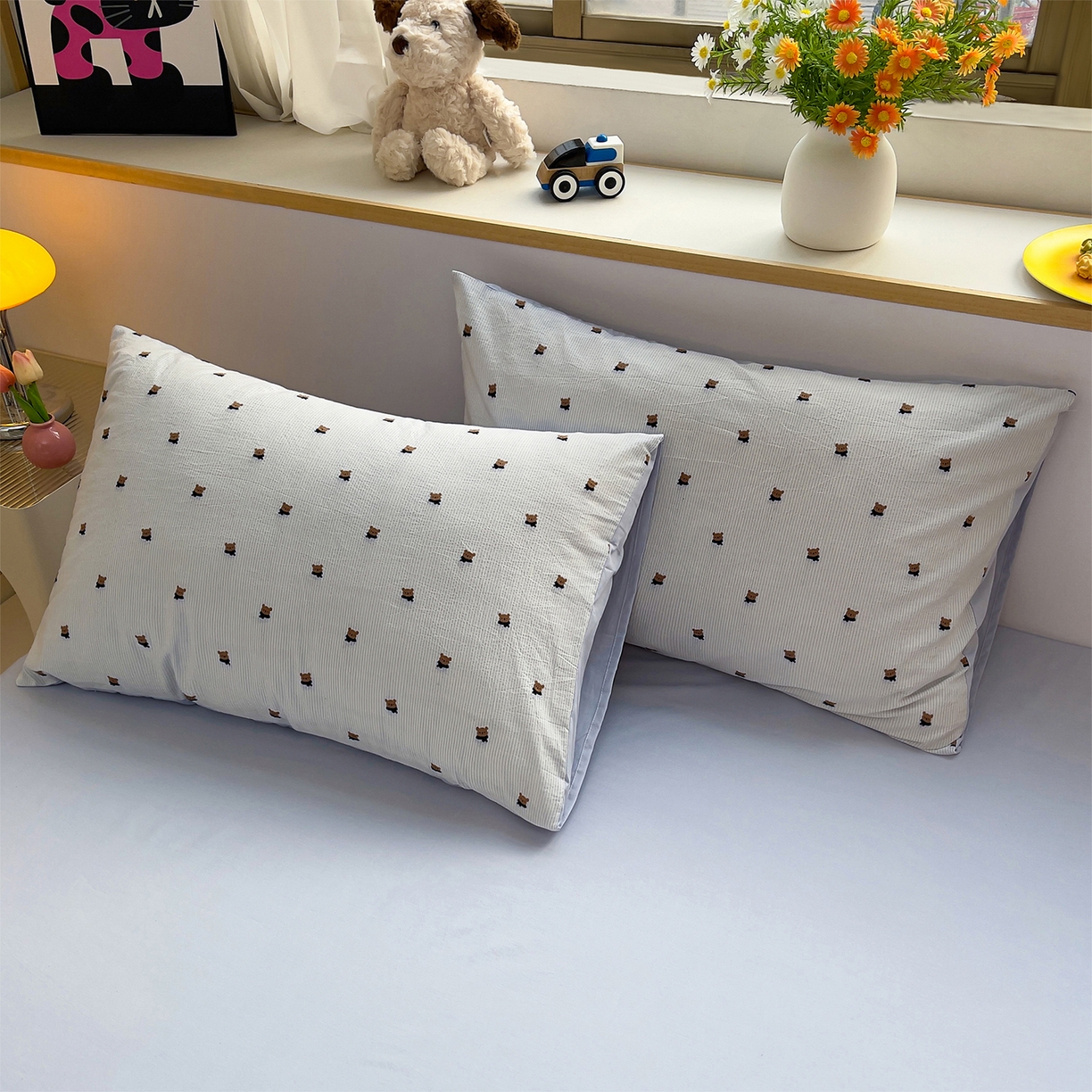 91家纺网 家纺一手货源 找家纺 炫拼家纺 2026新款A类全棉60支色织提花剪花B版40支水洗棉四件套-米熊系列 米熊一星辰蓝