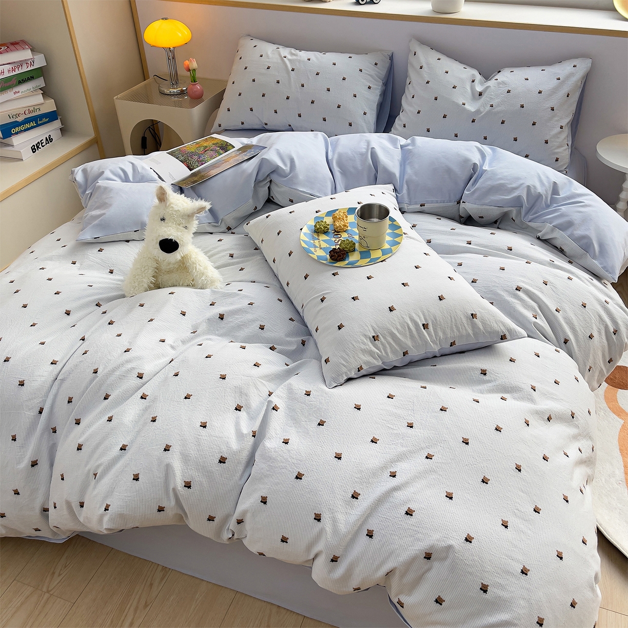 91家纺网 家纺一手货源 找家纺 炫拼家纺 2026新款A类全棉60支色织提花剪花B版40支水洗棉四件套-米熊系列 米熊一星辰蓝