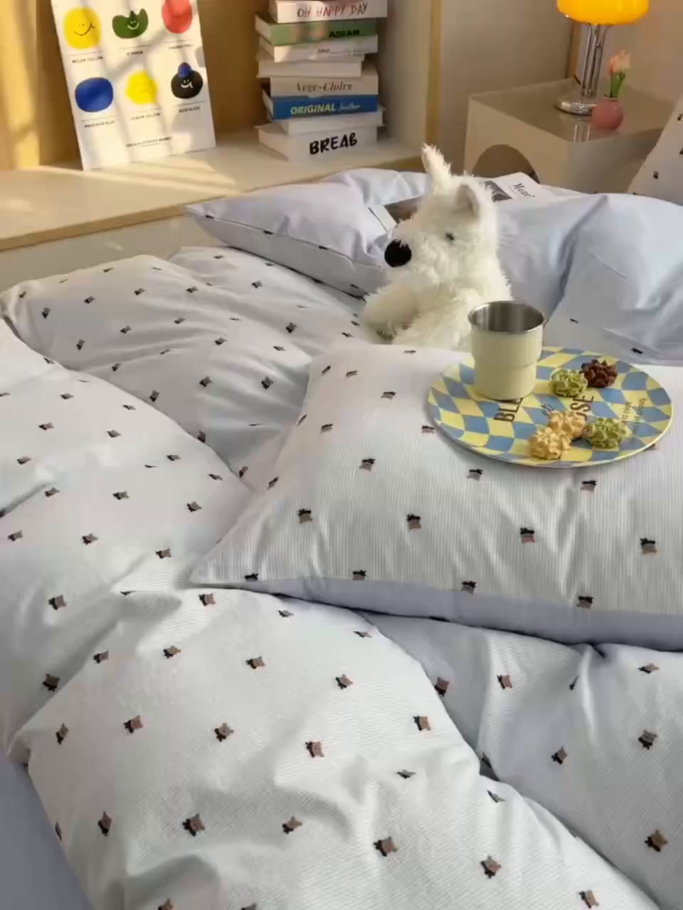 91家纺网 家纺一手货源 找家纺 炫拼家纺 2026新款A类全棉60支色织提花剪花B版40支水洗棉四件套-米熊系列 米熊一星辰蓝