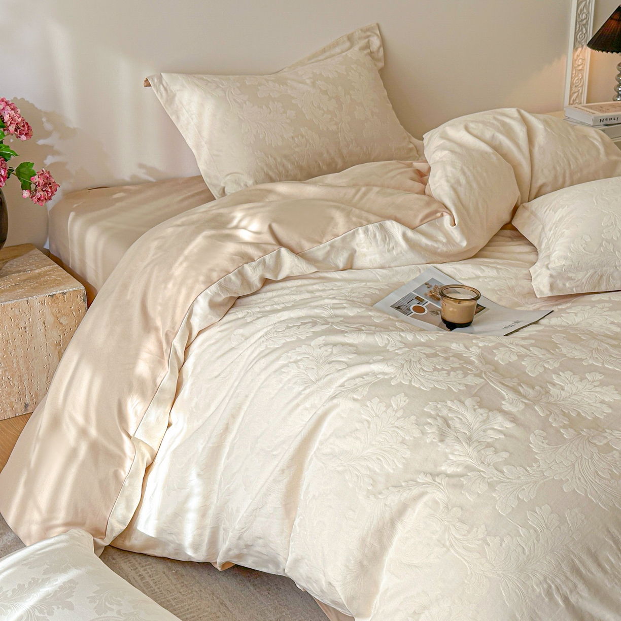 91家纺网 家纺一手货源 找家纺 格里芬家纺 2026新款全棉水洗立体浮雕提花纯棉四件套 柔风香草-奶昔白