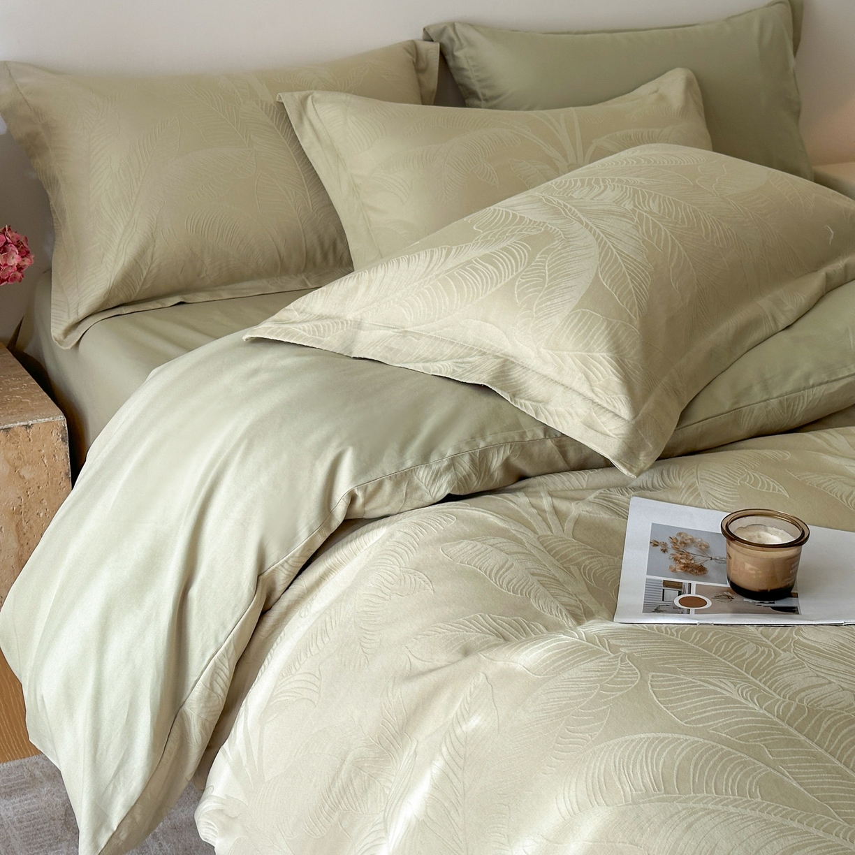 91家纺网 家纺一手货源 找家纺 格里芬家纺 2026新款全棉水洗立体浮雕提花纯棉四件套 焦野-奶绿