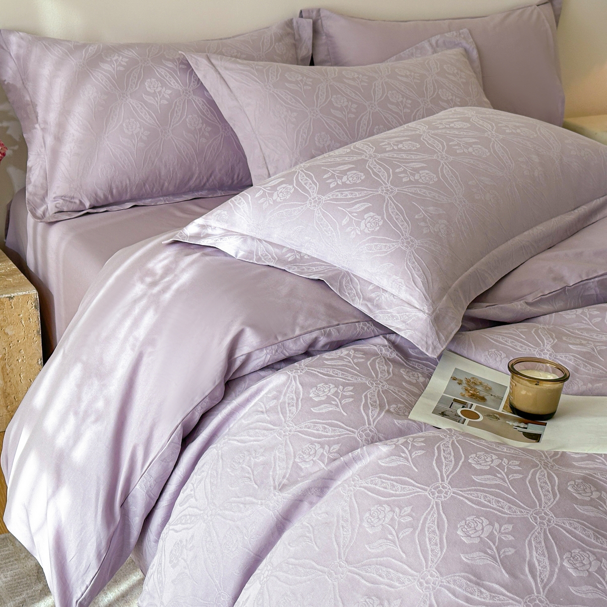 91家纺网 家纺一手货源 找家纺 格里芬家纺 2026新款全棉水洗立体浮雕提花纯棉四件套 恩特斯大-丁香紫