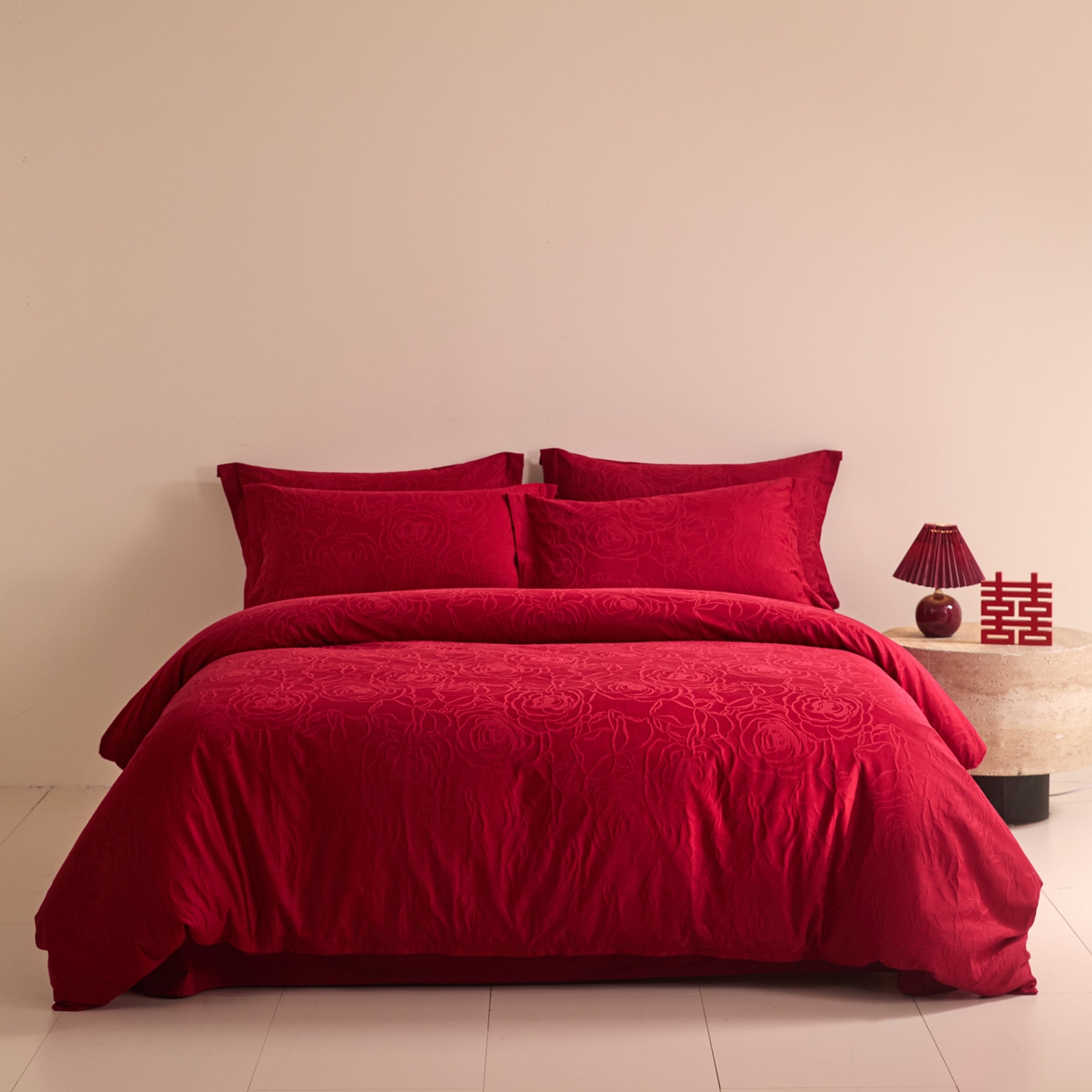 91家纺网 家纺一手货源 找家纺 （总）格里芬家纺 2026新款全棉水洗立体浮雕提花大红婚庆四件套