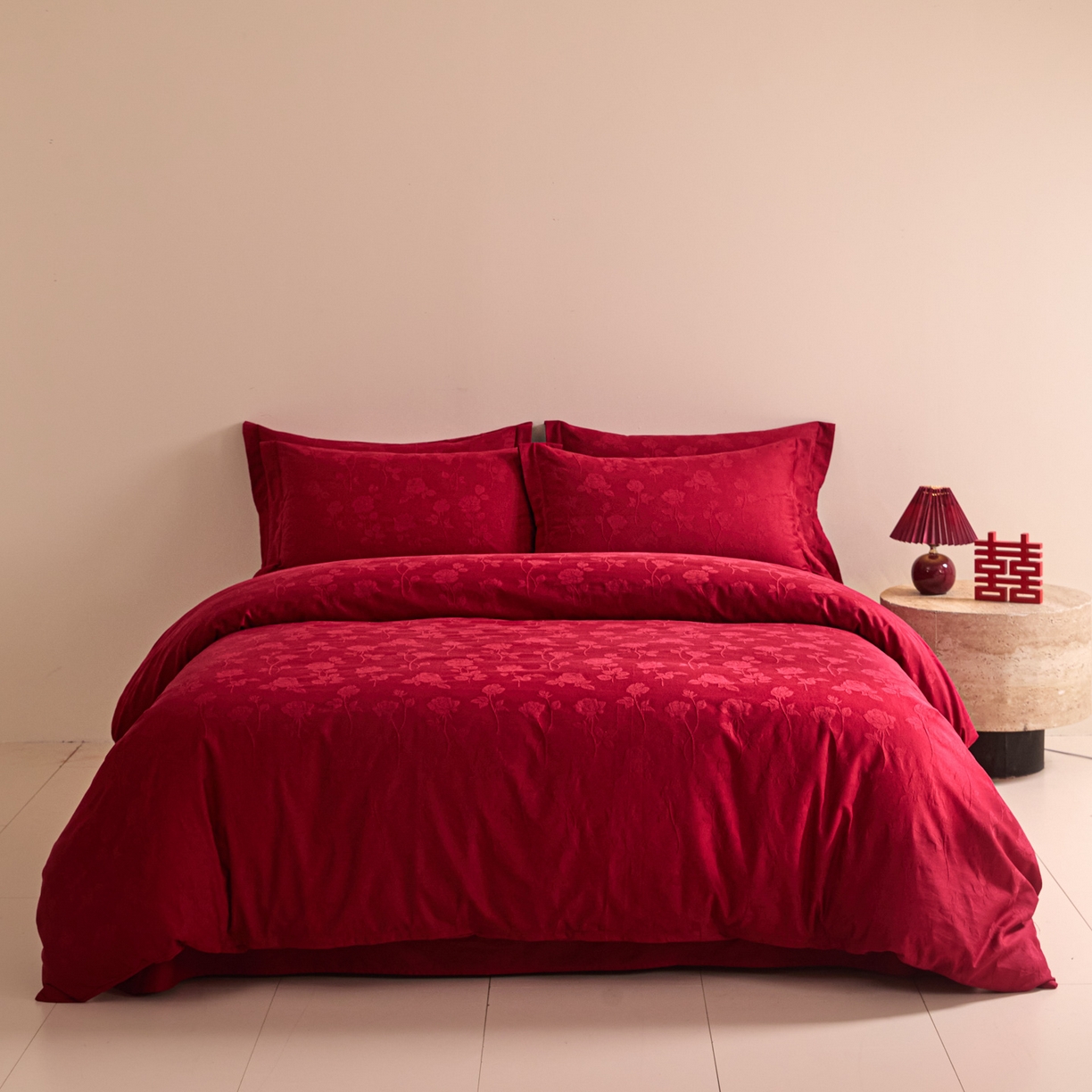 91家纺网 家纺一手货源 找家纺 （总）格里芬家纺 2026新款全棉水洗立体浮雕提花大红婚庆四件套