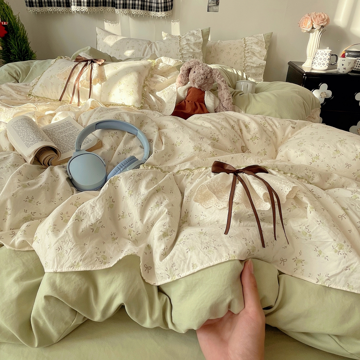 娜娜 2026新款A类云朵锦花边四件套 小雏菊-浅绿