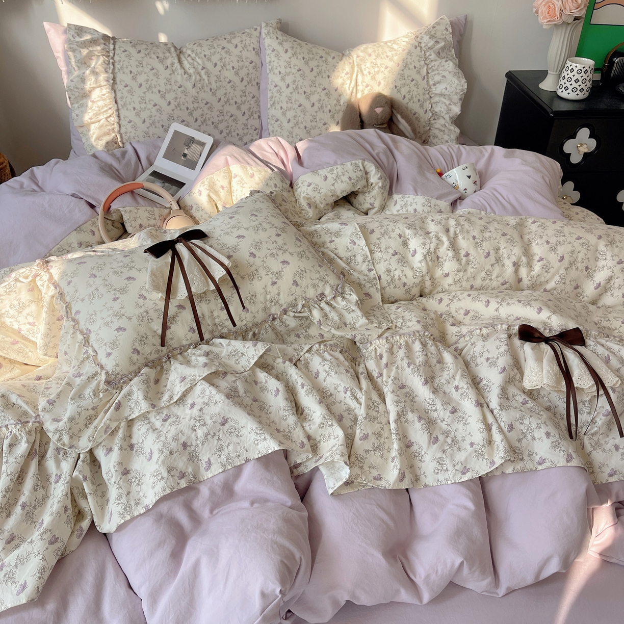 91家纺网 家纺一手货源 找家纺 娜娜 2026新款A类云朵锦花边四件套 满天星-浅紫