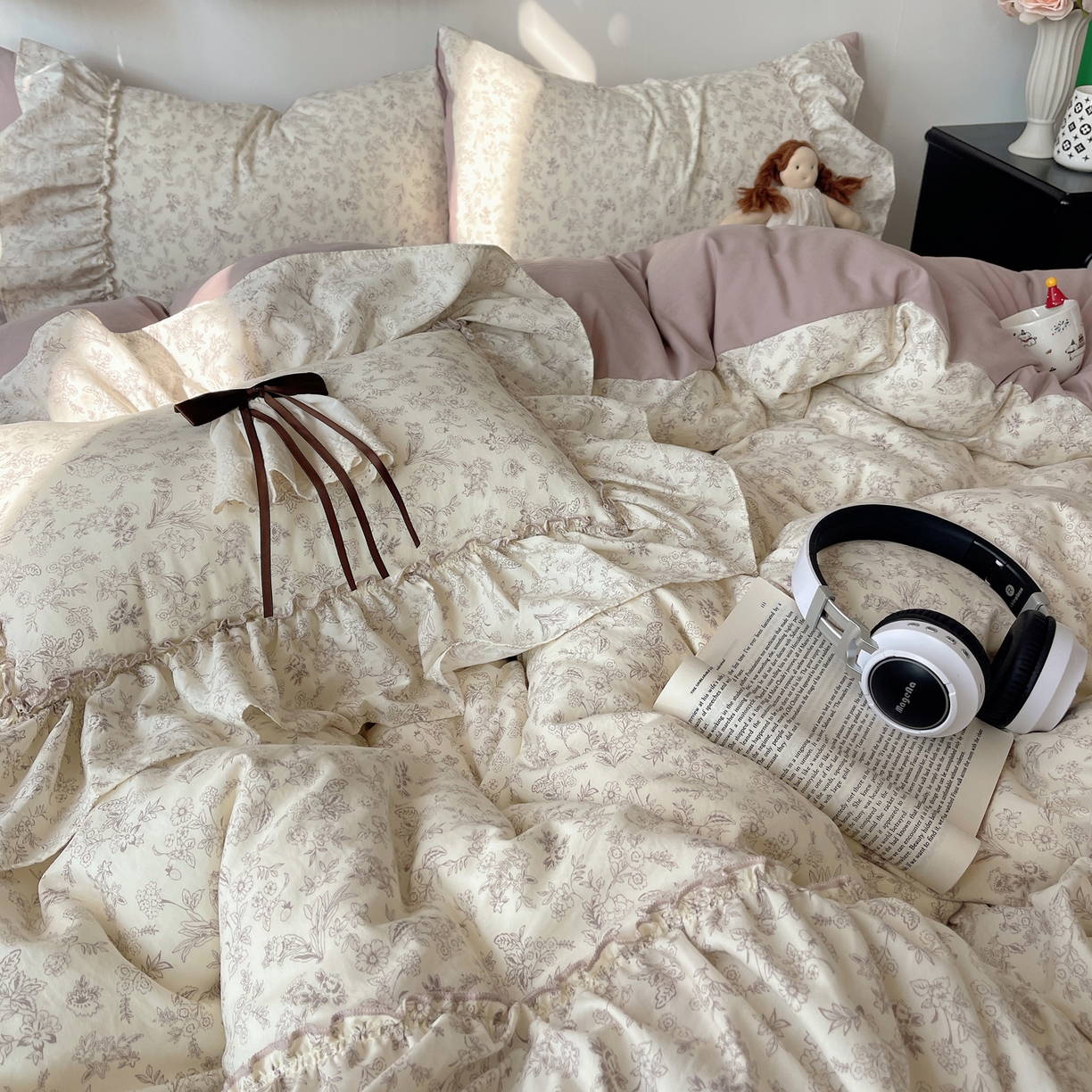 91家纺网 家纺一手货源 找家纺 娜娜 2026新款A类云朵锦花边四件套 满天星-豆沙