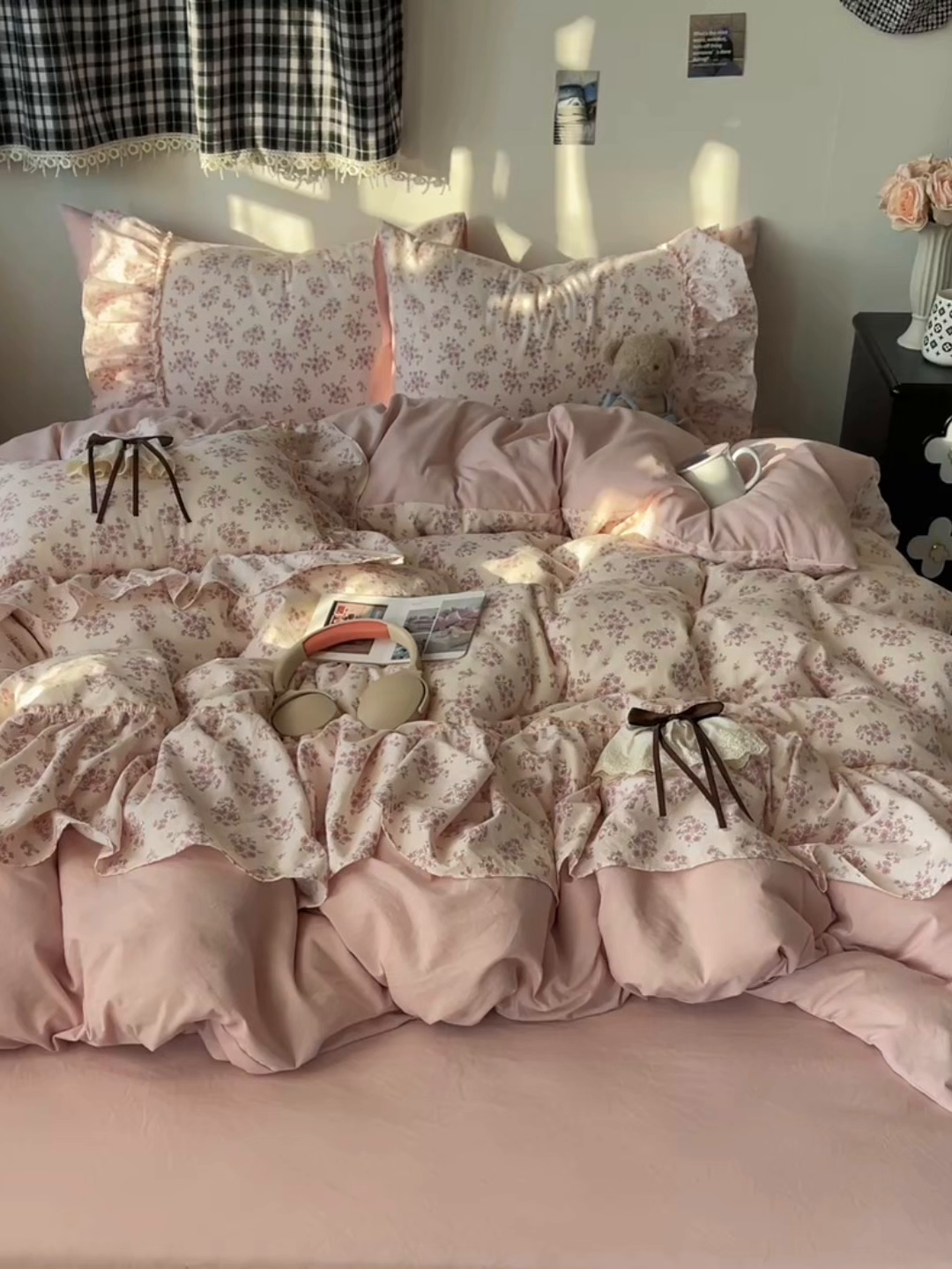 91家纺网 家纺一手货源 找家纺 娜娜 2026新款A类云朵锦花边四件套 樱花粉