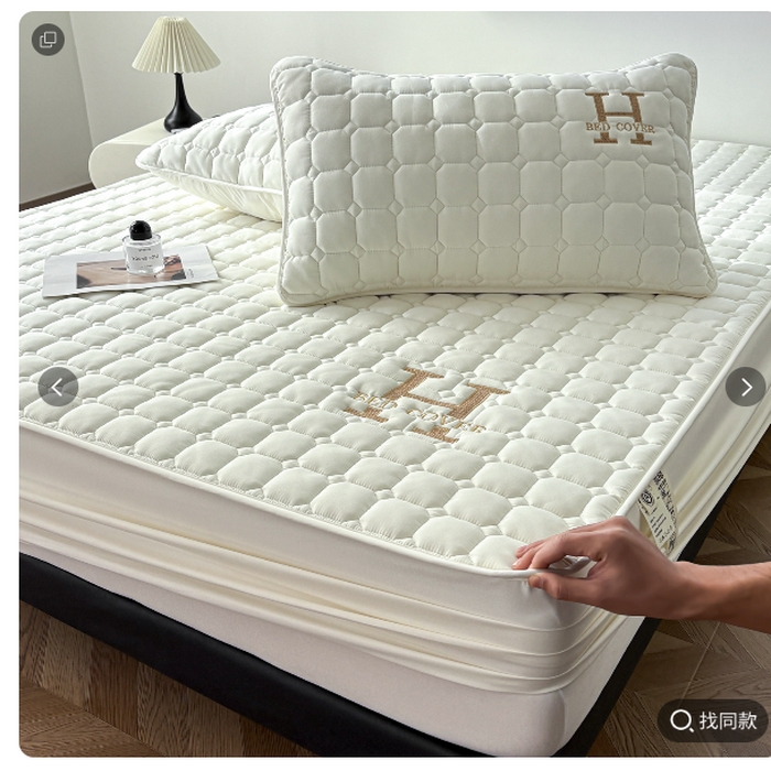 居眠 2026新款H款刺绣夹棉床笠 白色