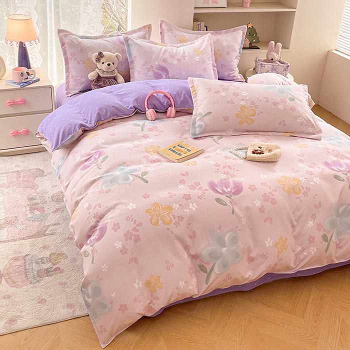 91家纺网 家纺一手货源 找家纺 世爵 2026新款亲肤磨毛印花四件套 晴光花叙粉