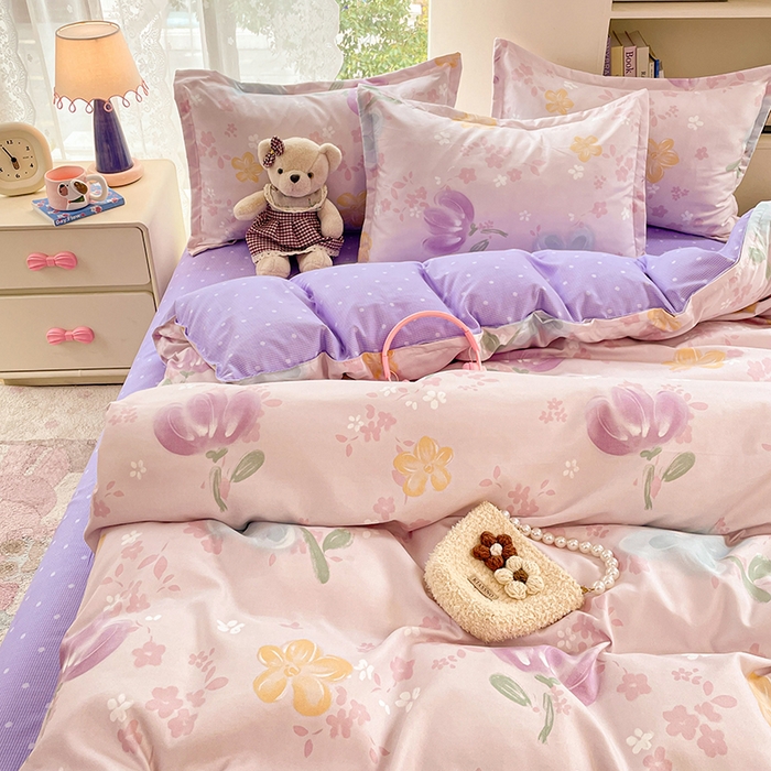 91家纺网 家纺一手货源 找家纺 世爵 2026新款亲肤磨毛印花四件套 晴光花叙粉