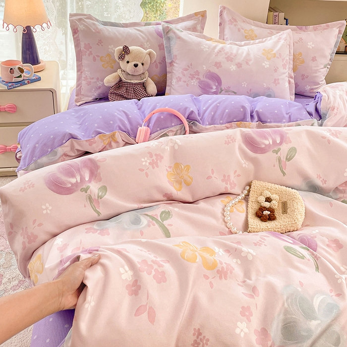 91家纺网 家纺一手货源 找家纺 世爵 2026新款亲肤磨毛印花四件套 晴光花叙粉