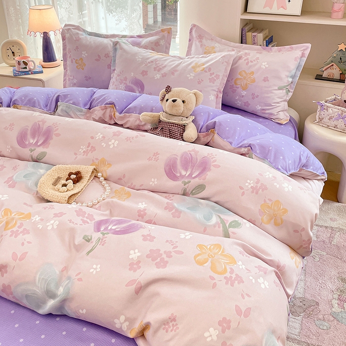 91家纺网 家纺一手货源 找家纺 世爵 2026新款亲肤磨毛印花四件套 晴光花叙粉