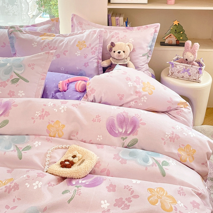 91家纺网 家纺一手货源 找家纺 世爵 2026新款亲肤磨毛印花四件套 晴光花叙粉