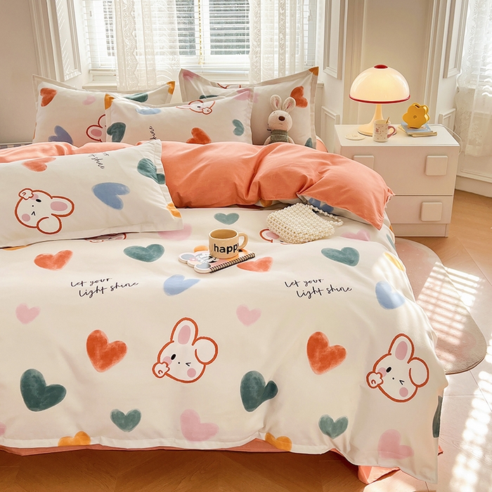 91家纺网 家纺一手货源 找家纺 世爵 2026新款亲肤磨毛印花四件套 甜心小兔