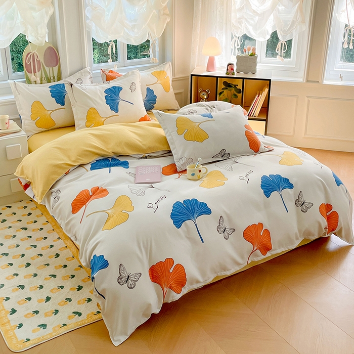 91家纺网 家纺一手货源 找家纺 世爵 2026新款亲肤磨毛印花四件套 银杏叶