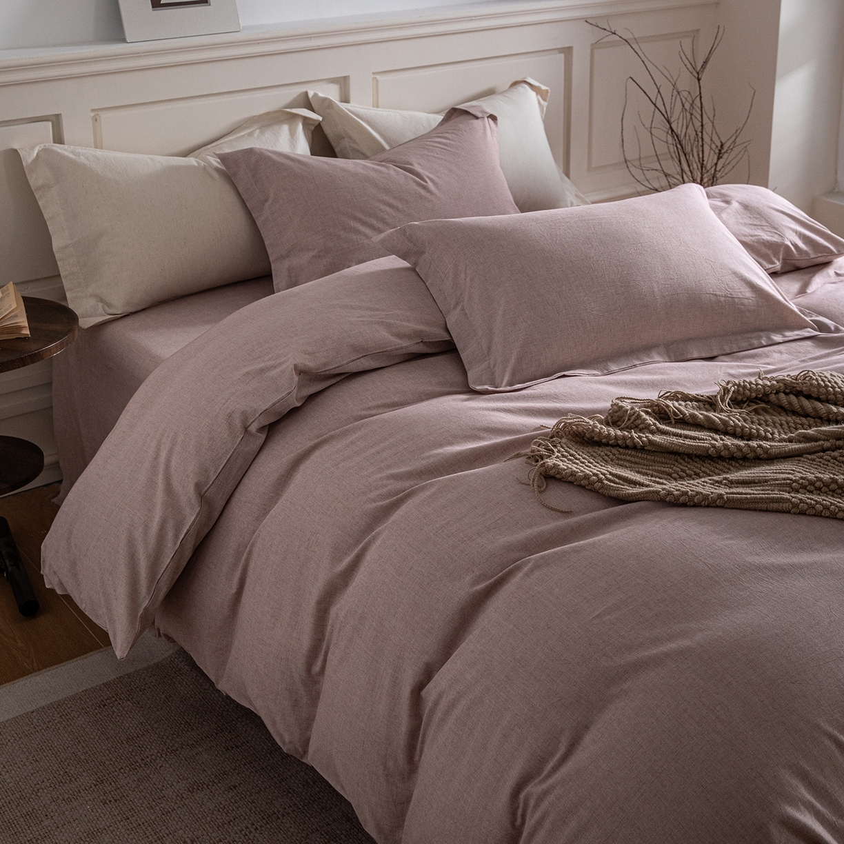 91家纺网 家纺一手货源 找家纺 锦罗绣 2026新款纯棉棉麻四件套 棉麻-豆沙