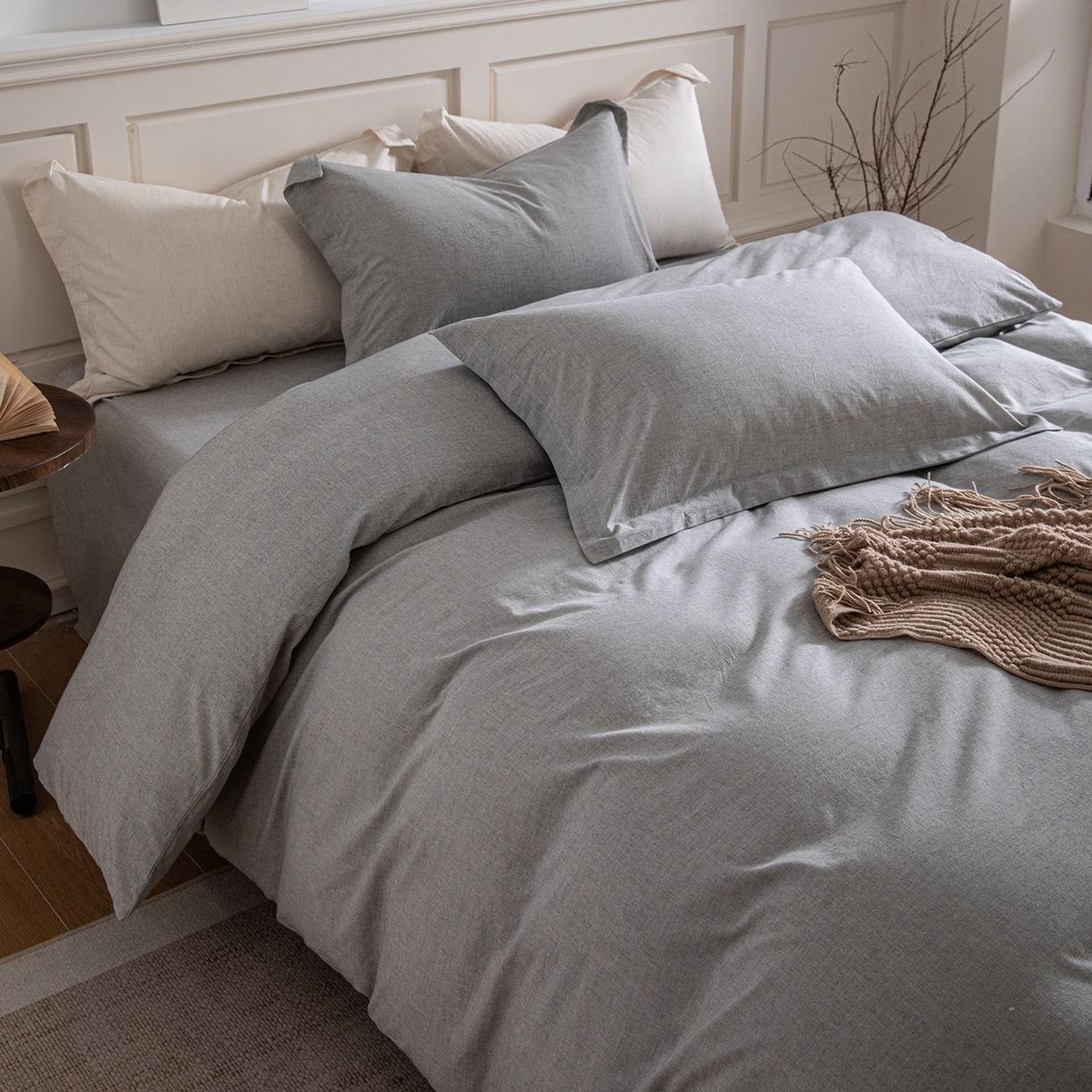 91家纺网 家纺一手货源 找家纺 锦罗绣 2026新款纯棉棉麻四件套 棉麻-浅灰