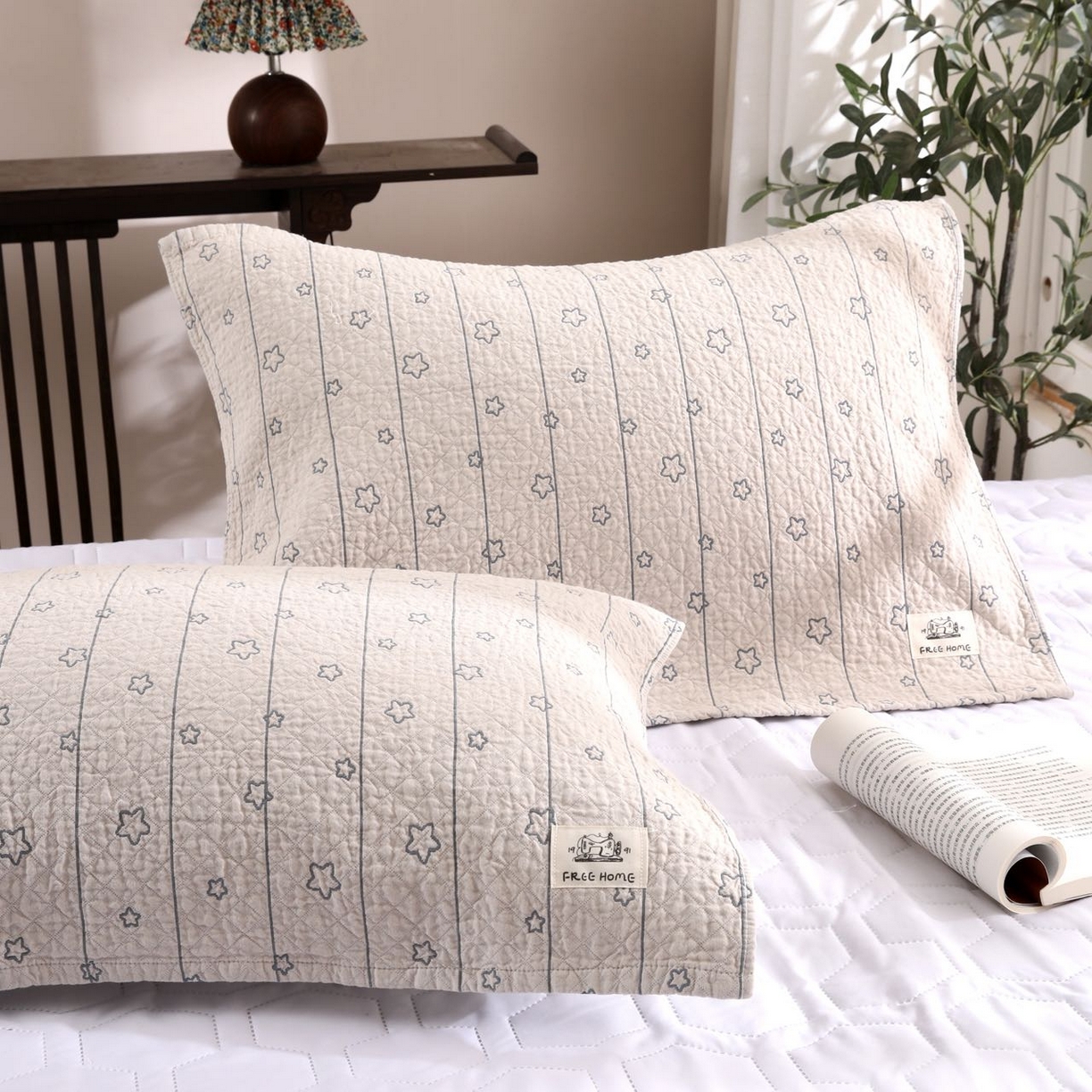 沐瑟家纺  2026新款安心棉纯棉纱布枕巾 线条五角星