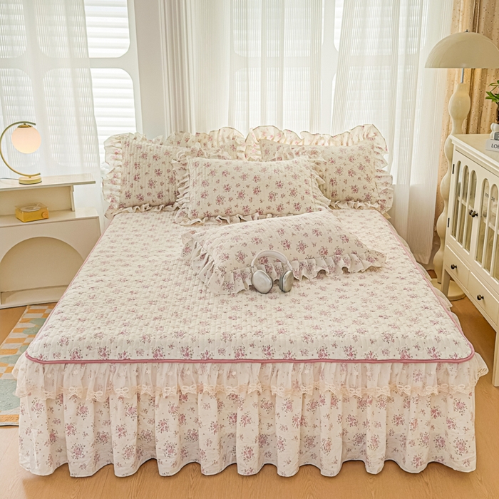 家之硕家纺 2026新款精仿棉夹棉床裙三件套 多丽粉