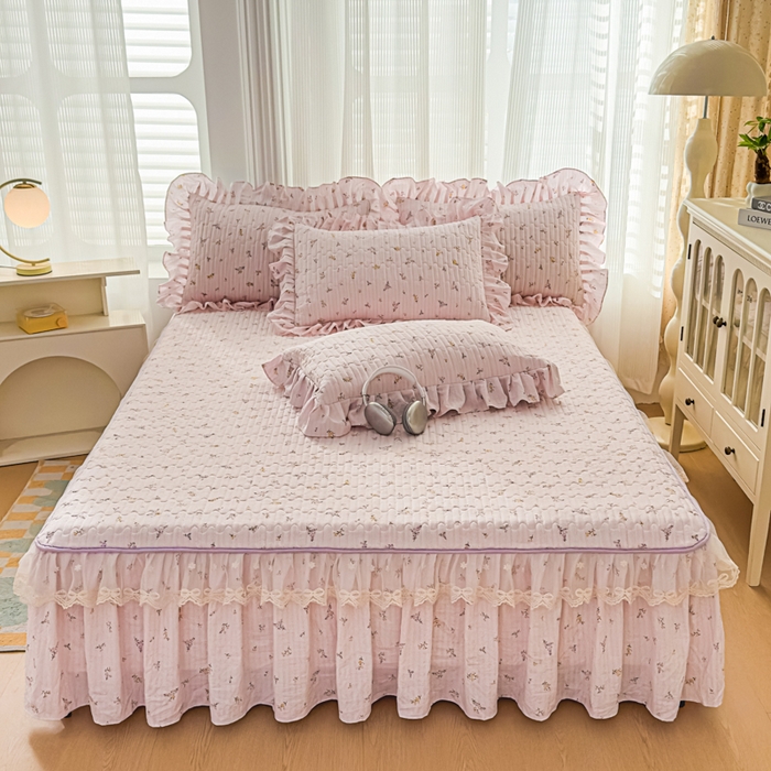 家之硕家纺 2026新款精仿棉夹棉床裙三件套 花恋