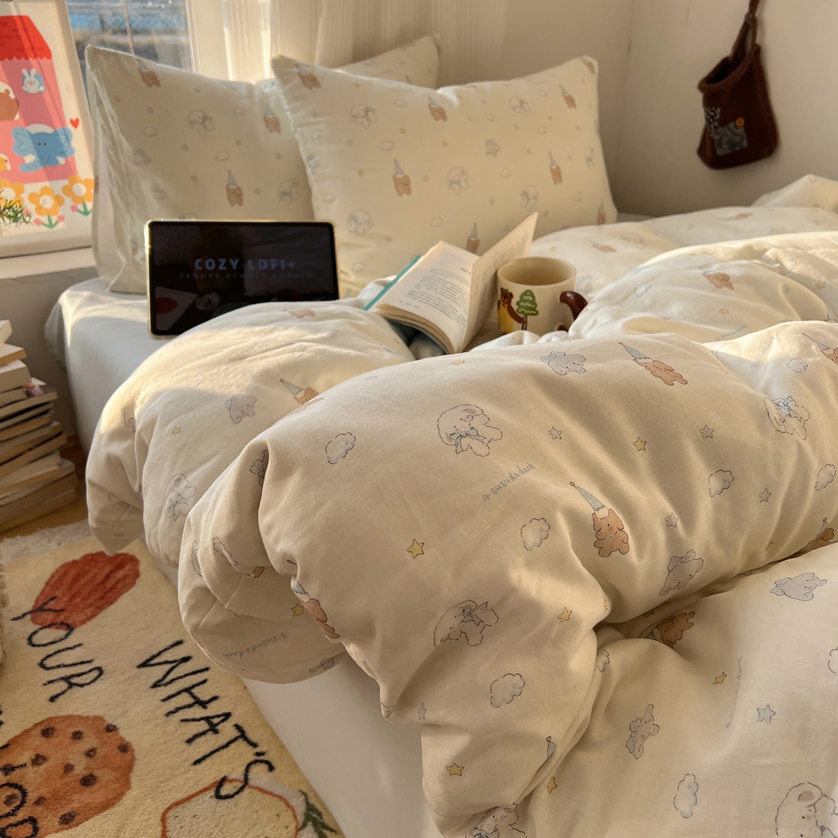 91家纺网 家纺一手货源 找家纺 （总）六巷胡同 2026新款INS博主风卡通A类全棉双层纱四件套