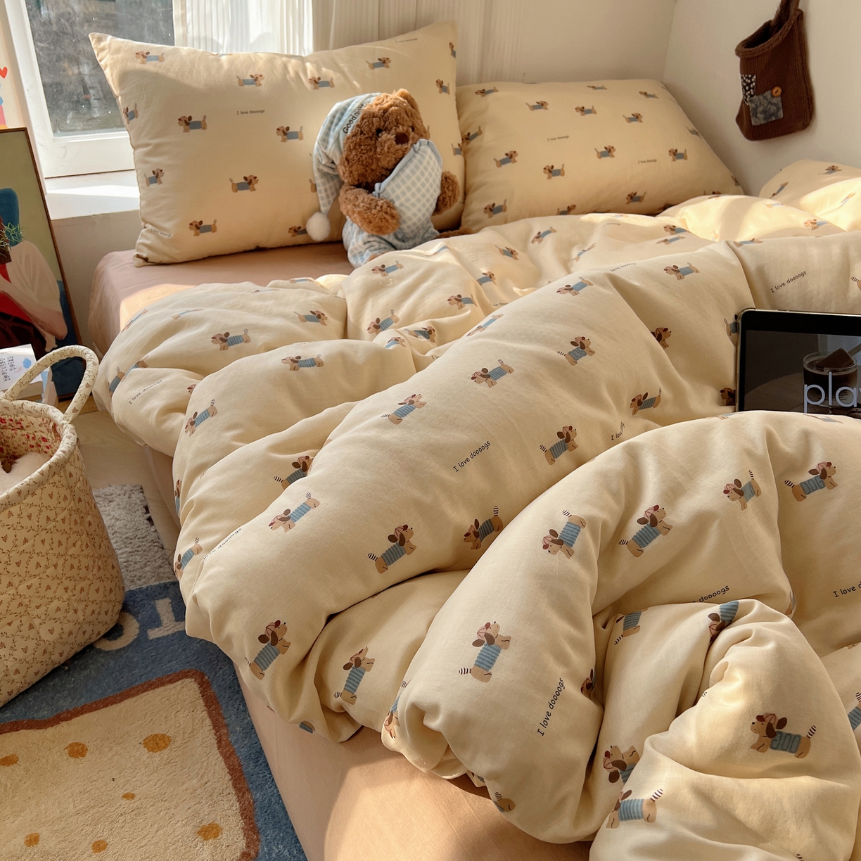 91家纺网 家纺一手货源 找家纺 （总）六巷胡同 2026新款INS博主风卡通A类全棉双层纱四件套