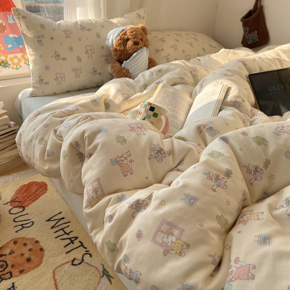 91家纺网 家纺一手货源 找家纺 （总）六巷胡同 2026新款INS博主风卡通A类全棉双层纱四件套