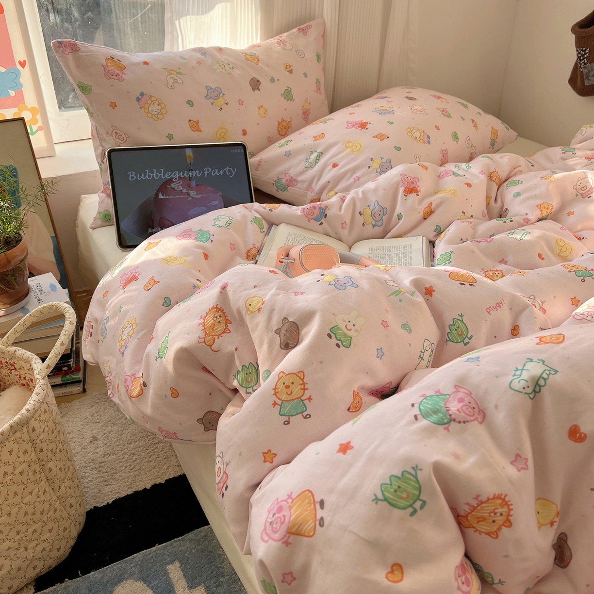 91家纺网 家纺一手货源 找家纺 （总）六巷胡同 2026新款INS博主风卡通A类全棉双层纱四件套