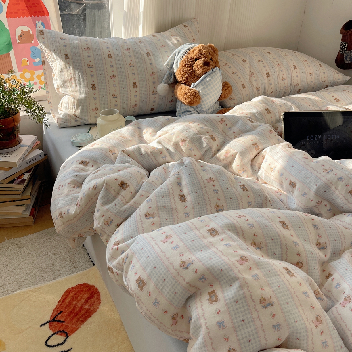 91家纺网 家纺一手货源 找家纺 （总）六巷胡同 2026新款INS博主风卡通A类全棉双层纱四件套