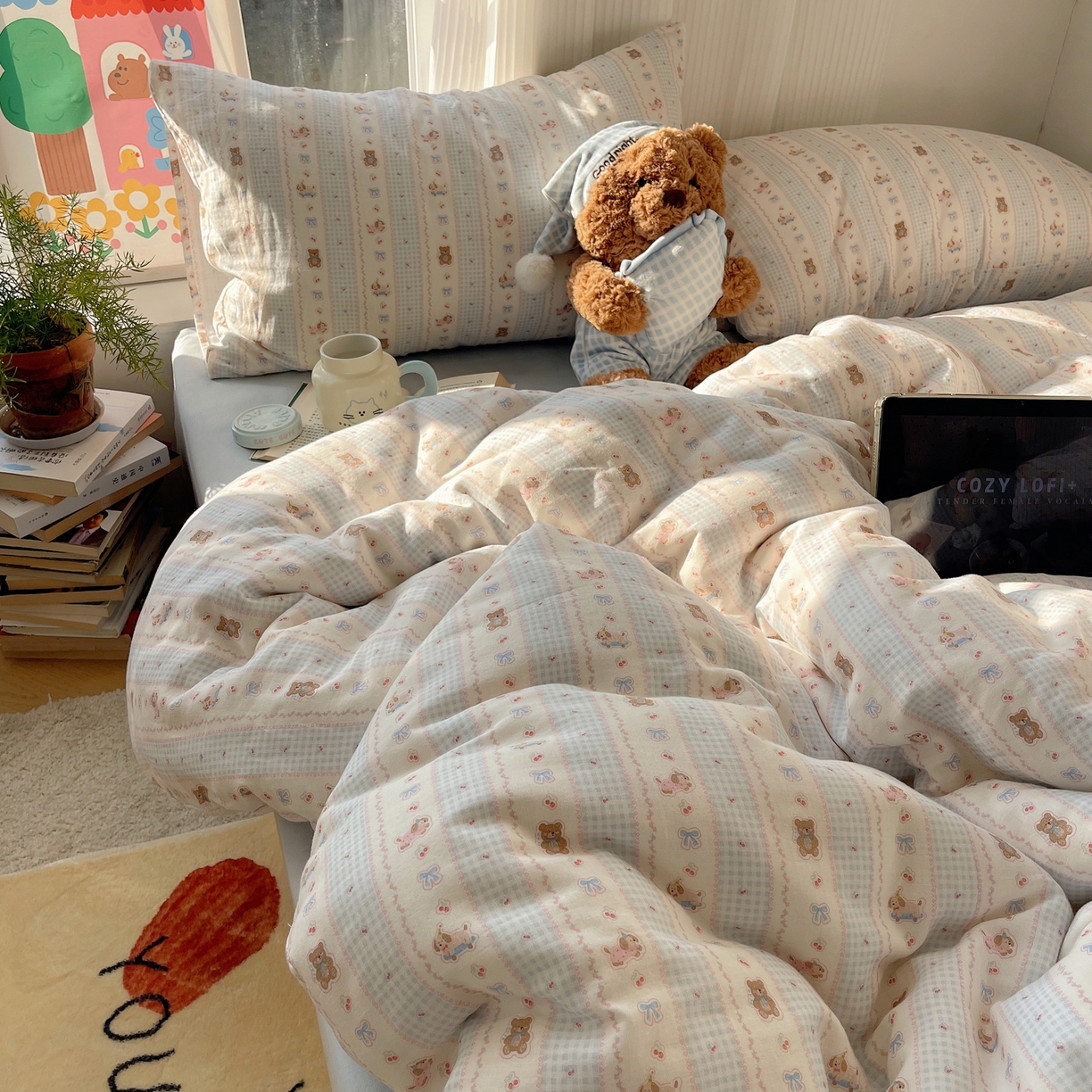 91家纺网 家纺一手货源 找家纺 （总）六巷胡同 2026新款INS博主风卡通A类全棉双层纱四件套