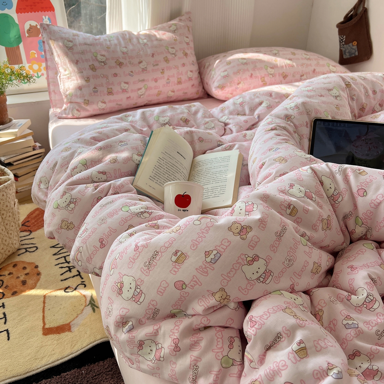 91家纺网 家纺一手货源 找家纺 （总）六巷胡同 2026新款INS博主风卡通A类全棉双层纱四件套