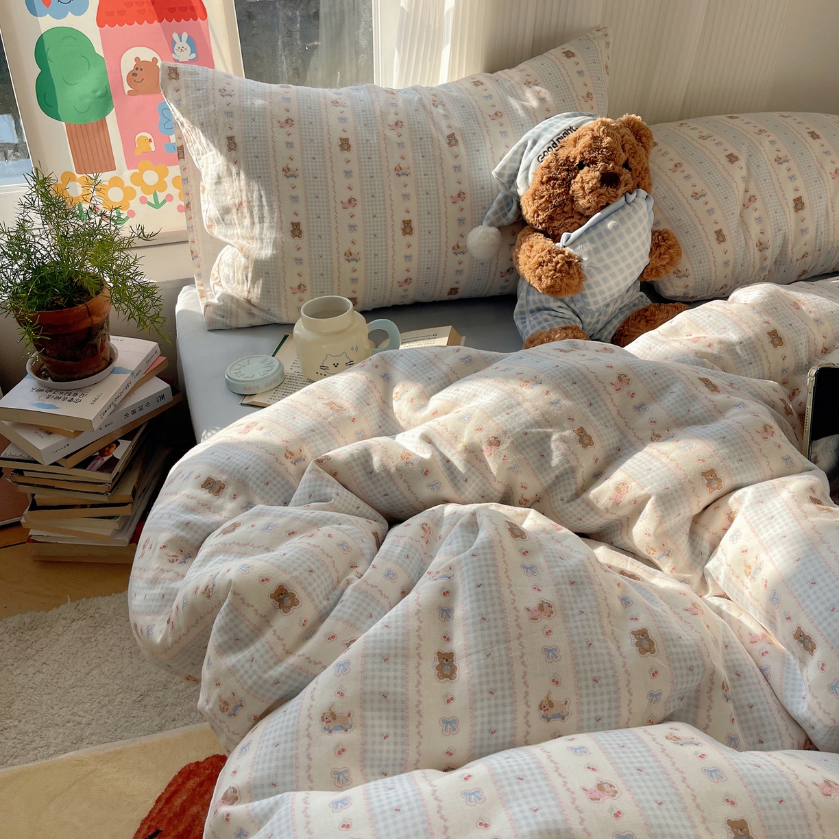 91家纺网 家纺一手货源 找家纺 （总）六巷胡同 2026新款INS博主风卡通A类全棉双层纱四件套