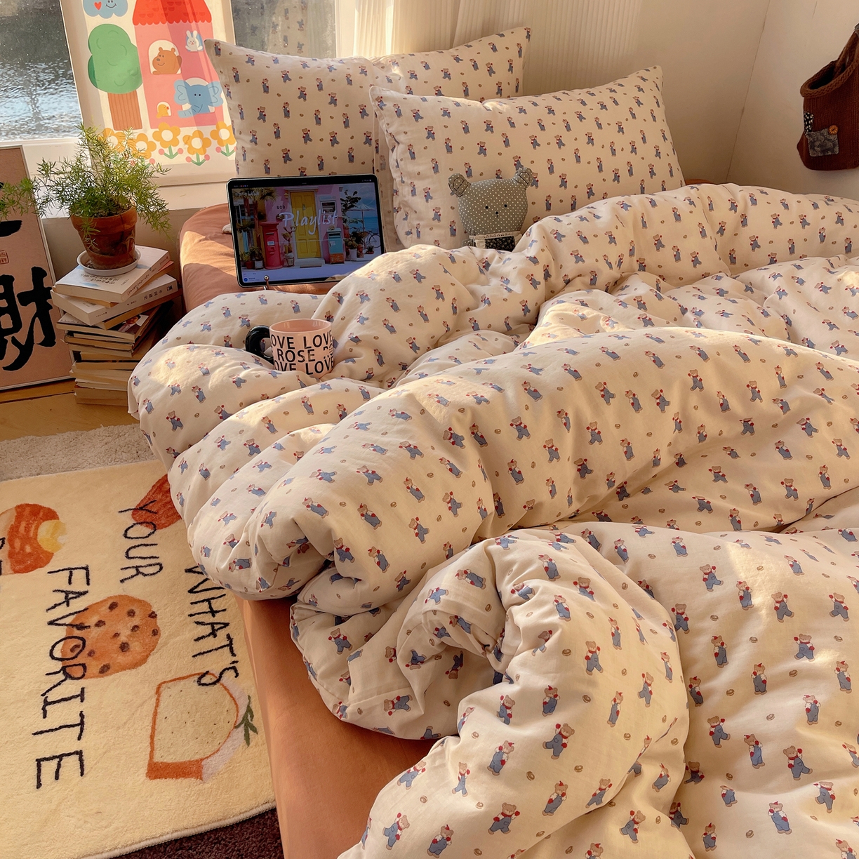 91家纺网 家纺一手货源 找家纺 （总）六巷胡同 2026新款INS博主风卡通A类全棉双层纱四件套