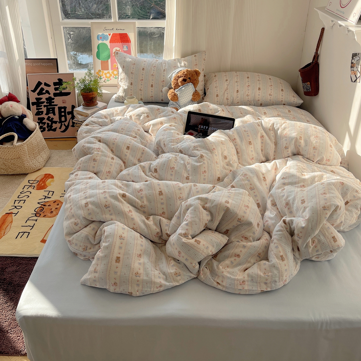 91家纺网 家纺一手货源 找家纺 （总）六巷胡同 2026新款INS博主风卡通A类全棉双层纱四件套