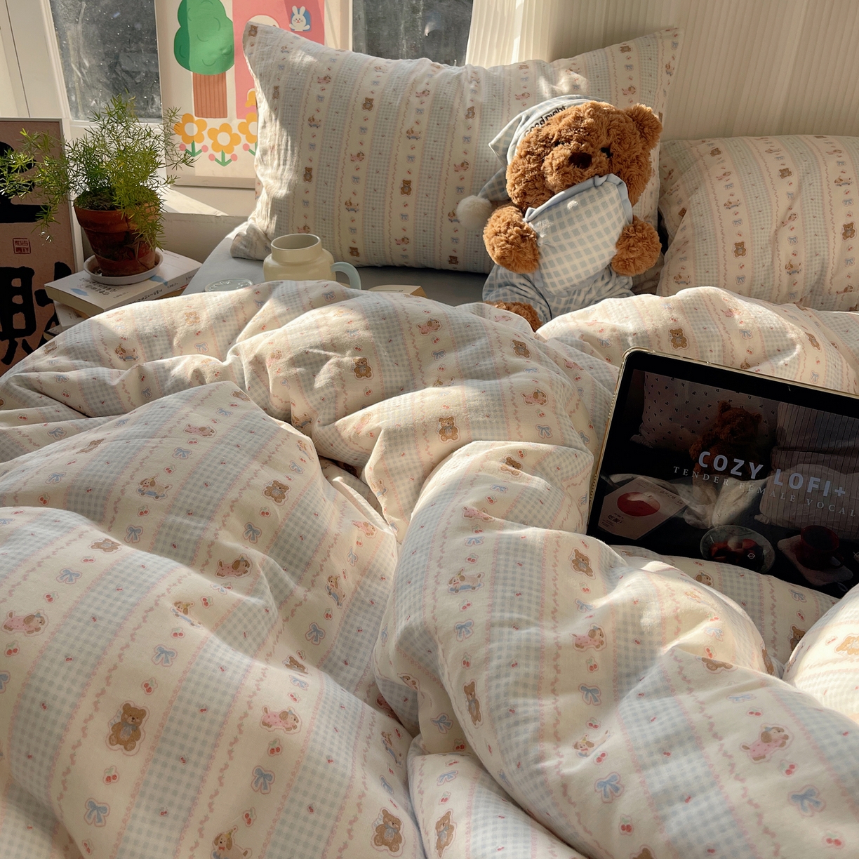 91家纺网 家纺一手货源 找家纺 （总）六巷胡同 2026新款INS博主风卡通A类全棉双层纱四件套