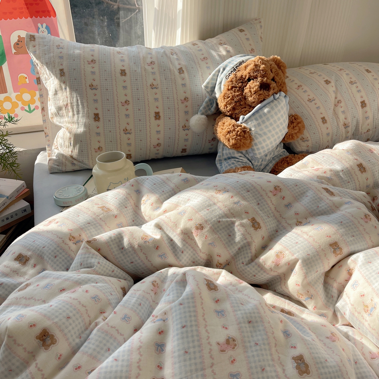 91家纺网 家纺一手货源 找家纺 （总）六巷胡同 2026新款INS博主风卡通A类全棉双层纱四件套