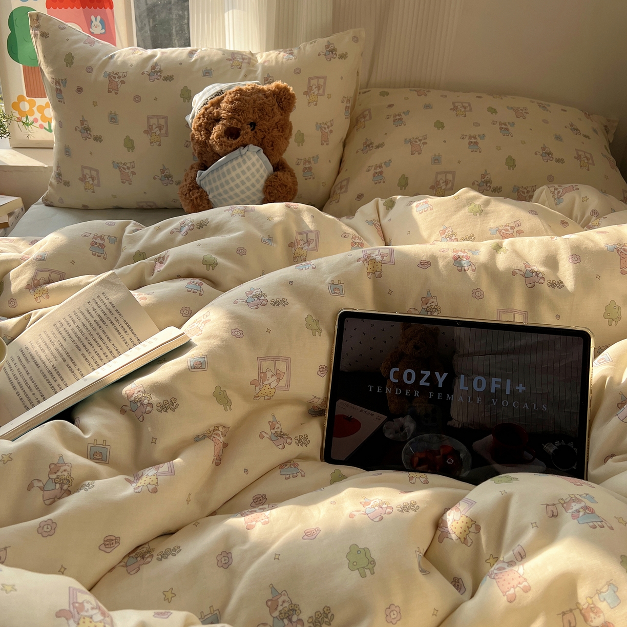 91家纺网 家纺一手货源 找家纺 六巷胡同 2026新款INS博主风卡通A类全棉双层纱四件套 双层纱-达奇家政喵