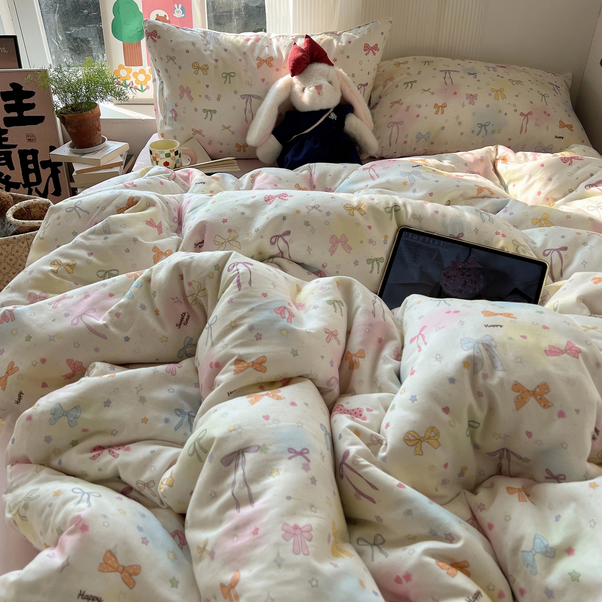 91家纺网 家纺一手货源 找家纺 六巷胡同 2026新款INS博主风卡通A类全棉双层纱四件套 双层纱-元气蝴蝶结