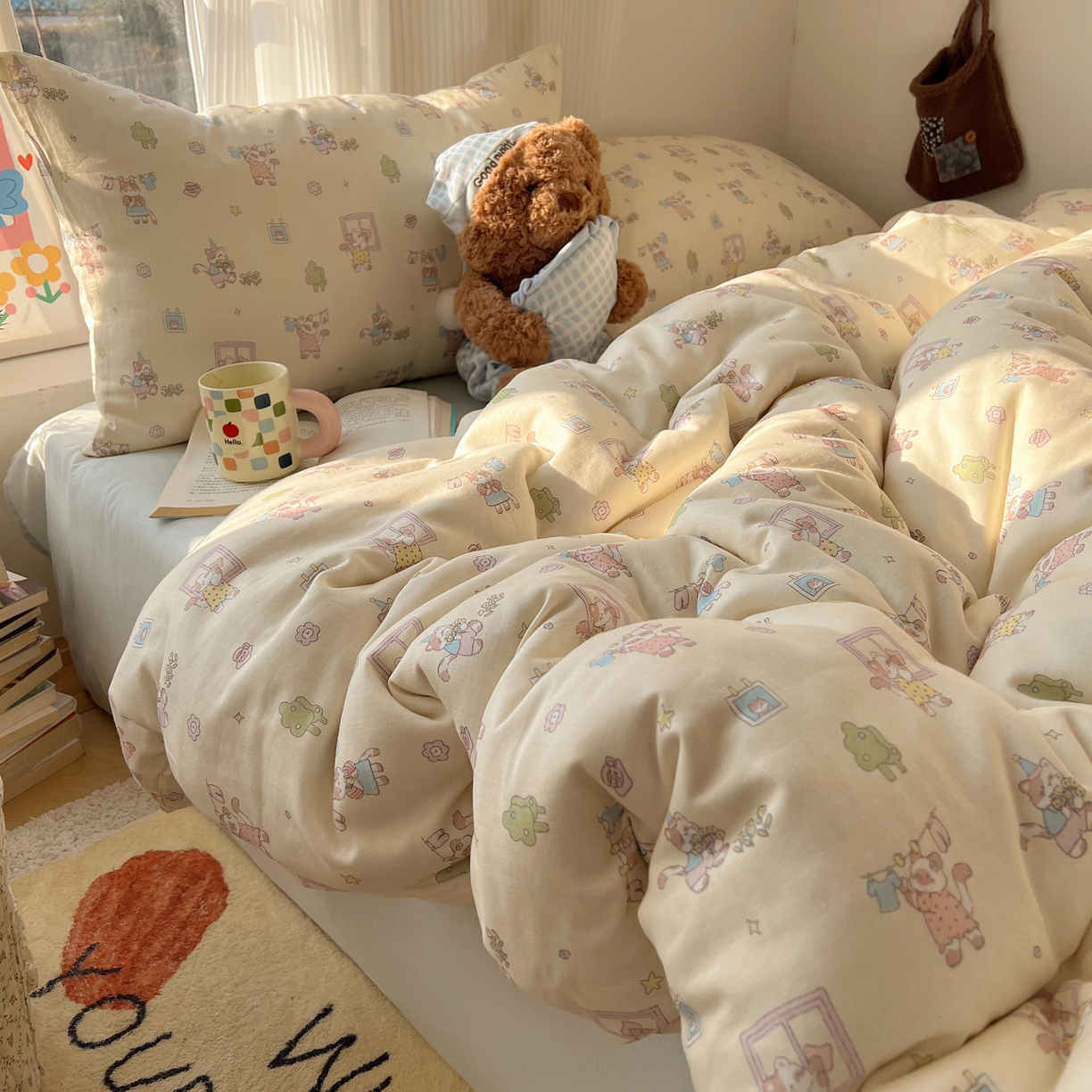 91家纺网 家纺一手货源 找家纺 六巷胡同 2026新款INS博主风卡通A类全棉双层纱四件套 双层纱-达奇家政喵