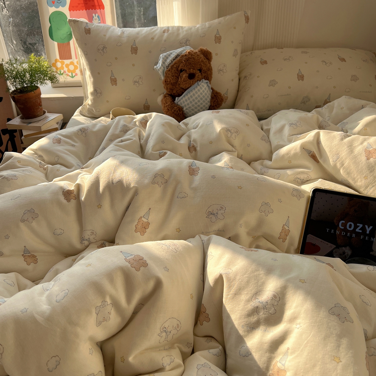 91家纺网 家纺一手货源 找家纺 六巷胡同 2026新款INS博主风卡通A类全棉双层纱四件套 双层纱-云朵苏萨犬